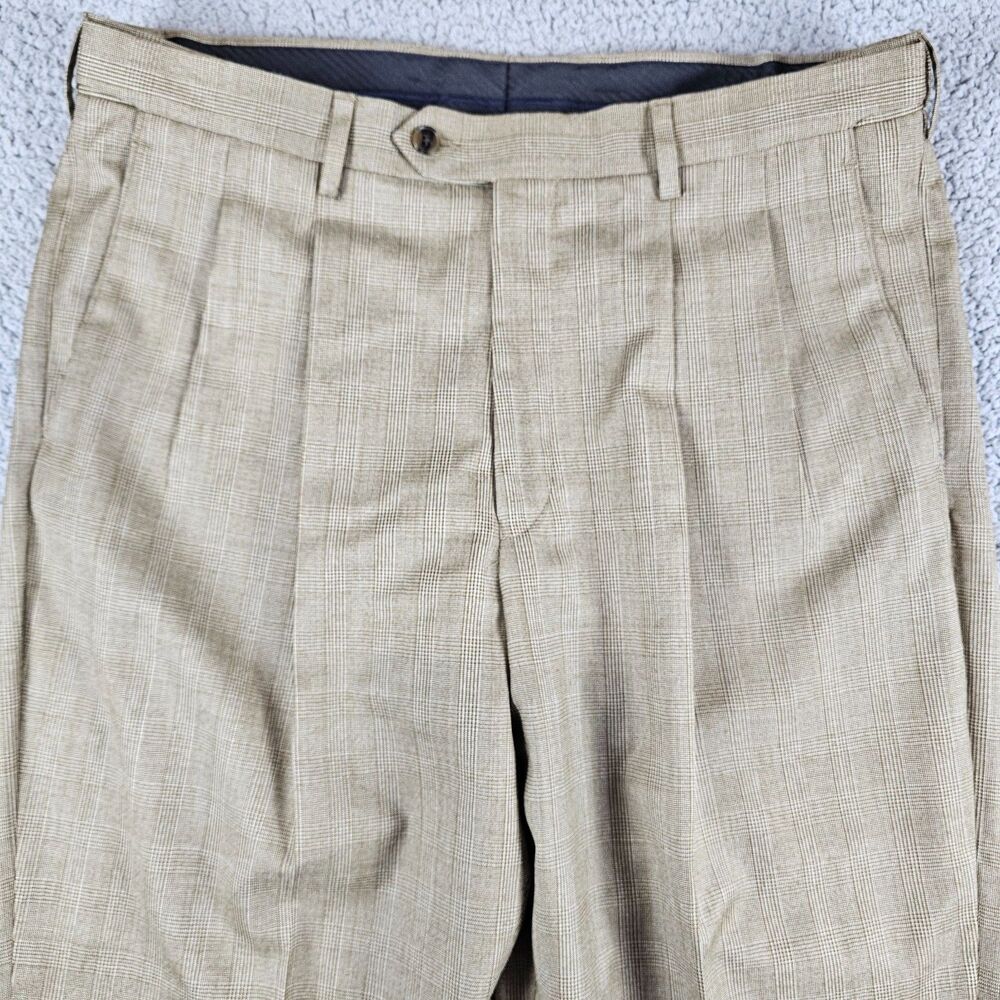 Paul Fredrick Dress Pants Mens 36x29 Tan Glen Check Wool Cashmere Cuffed Pleated